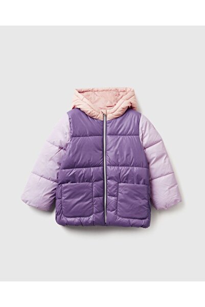 United Colors of Benetton معطف بغطاء للرأس مطرز بشعار أرجواني للفتيات الصغيرات