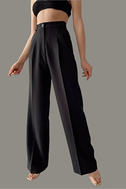 byhaziran butik Jennifer Women's High Waist Palazzo Pleated Black Fabric