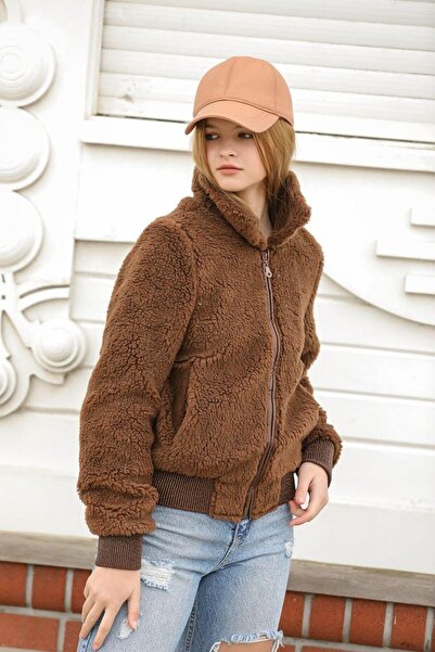 Afri Palton maro din pluș pentru femei, căptușit, cu buzunare cu fermoar, căl...