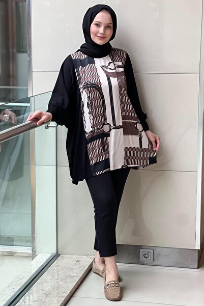 Ghisa Saten Triko Kombinli Desenli Tunik