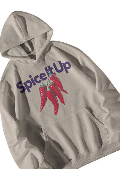 Calvin Jones Unisex Cream Spice It up Printed Oversize Kangaroo Pocket Sweatshirt Hoodie