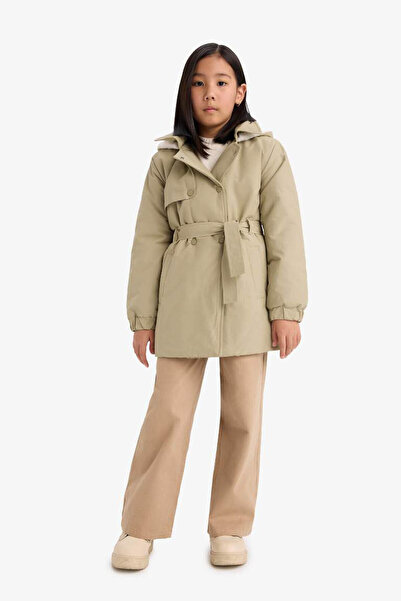 DeFacto Waterproof Waist Belted Fur Lined Long Green Girls' Raincoat & Windbreaker C5230A8/Gn7