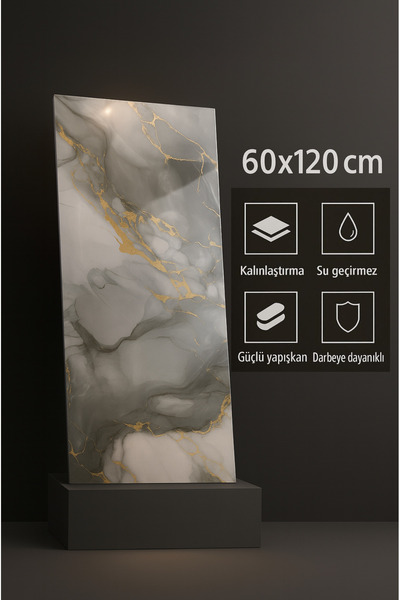 UKAB DEKOR 60x120 Cm(0,72 m²) Kendinden Yapışkanlı Mavi Gold Mermer Desenli Pvc Karo Panel Banyo Mutfak J9001