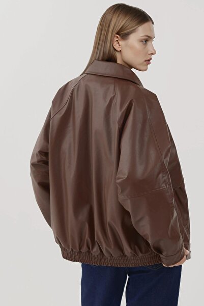 Hiccup Oversized Faux Leather Jacket with Pocket Detail