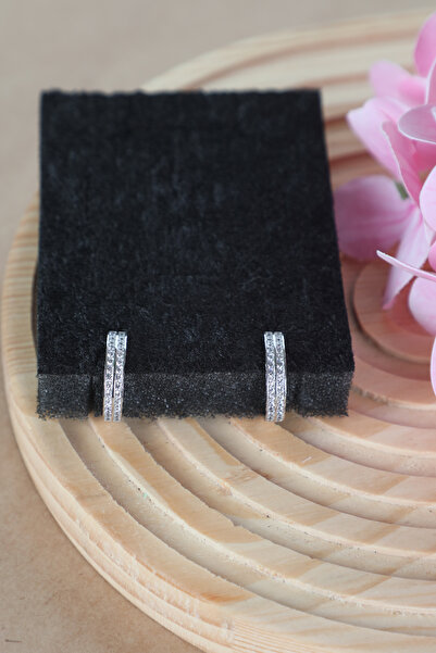 HECHAM GÜMÜŞ Gümüş Halka Küpe Çift Sıra Taşlı 925 Ayar