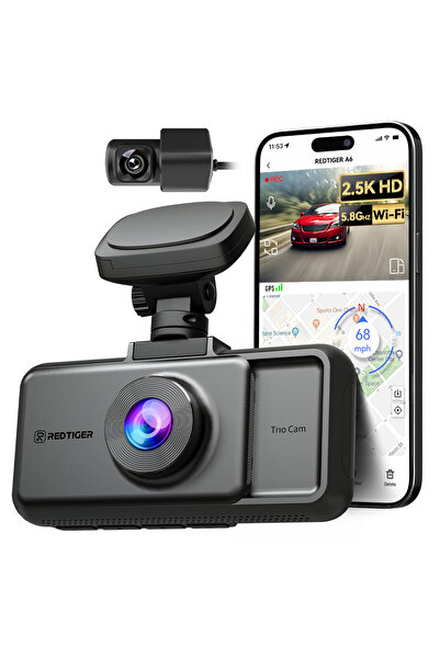 Red Tiger Cameră triplă REDTIGER A6 pentru bord, 2.5K, cu WiFi, vedere nocturnă, GPS, aplicație dedicată, senzor G și parcare