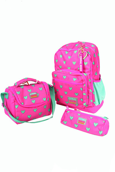 Coral High CH 23113 Pembe Yeşil Kalpli - 3' Lü Okul Çantası Seti - Sırt Ve Beslenme Çantası + Kalemlik