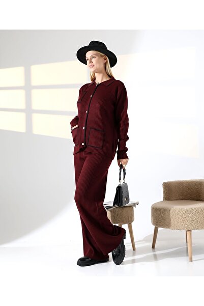 comstar طقم تريكو نسائي مكون من سترة بياقة بولو وجيوب وبنطلون فضفاض