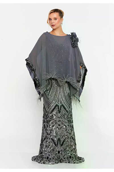 MAXXE 5938PSF ÜSTÜ ŞİFON TÜYLÜ PELERİNLİ PAYET ELBİSE