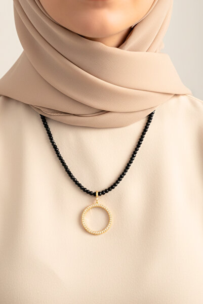 TwinsCollection Tamlı Altın Uyumlu 6mm Siyah Boncuk Kolye - Altın Takılan Kolye