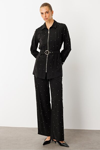 Moda İlgi Modailgi Άνετο τούνικ με φερμουάρ, λεπτομέρεια από πέρλες και ζώνη στη μέση - 40041 Μαύρο