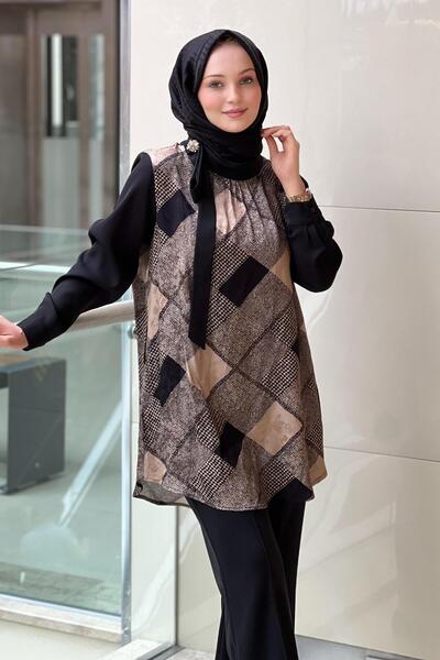 FUAT GÜRSEN Fuat Gürşen Plaid Patterned Tunic with Stone Brooch on the Collar