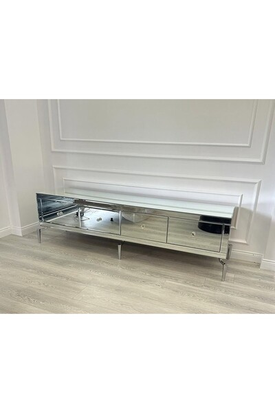 LUXURY VİLLA TV SEHPASI LUXURY KOMPLE GÜMÜŞ AYNALI TV SEHPASI 160x40 YÜKSEKLİ...