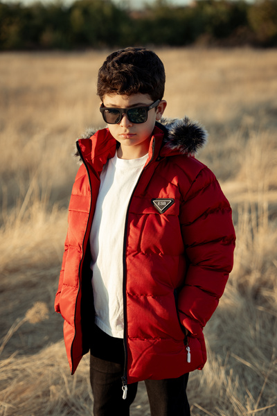 LEONE GYM Black Inflatable Plush Fur Detachable Hood Children's Coat