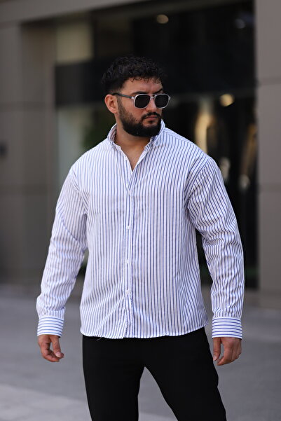 Bürke Ανδρικό πουκάμισο με μακρύ μανίκι σε λευκό χρώμα με μπλε ρίγες Half Oversize