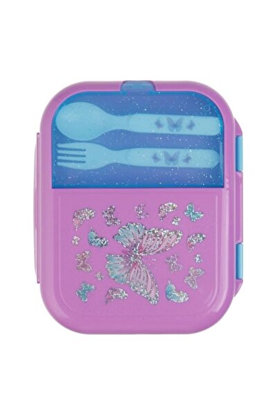 ANTBRO Cutie pentru Alimente – 3 Compartimente Lila-Turcoaz cu Fluturi + Furc...