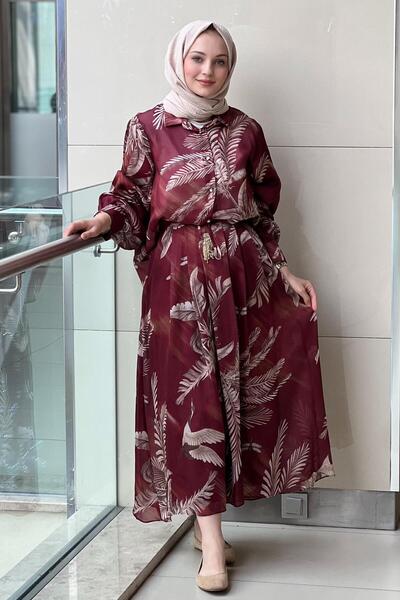 Ghisa Leaf Patterned Chiffon Satin Shirt Skirt Set