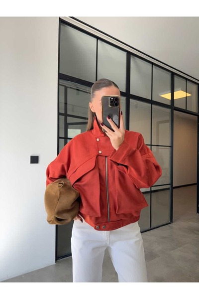 BB Bensu Buyruk CEP DETAYLI KİREMİT SÜET BOMBER CEKET