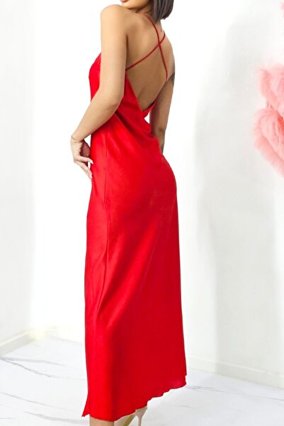 FashionForYou Priscilla long satin dress, with bare back and halter cut, Red