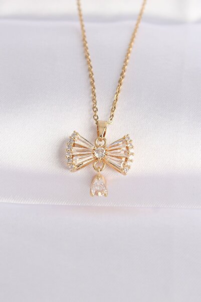 Clariss Yrtcl 316L Steel Chain Gold Color Zircon Stone Heart Detail Bow Necklace