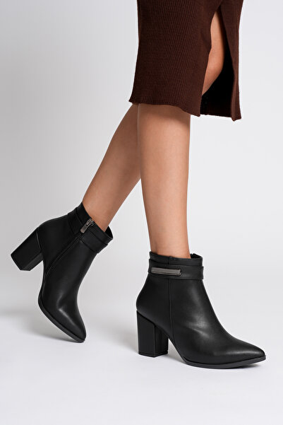 TOPUK Marya Siyah Cilt Fermuarlı Sivri Burunlu Kalın Topuklu Bot