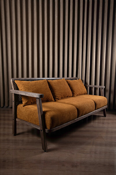 Aberteka Merlin Hazeranlı Doğal Ahşap Koyu Ceviz Renk, Hardal Teddy Kumaş Üçlü Koltuk