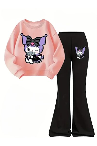 npLStore Hanorac imprimat Kuromi pentru copii Set de pantaloni de trening cu picior evazat