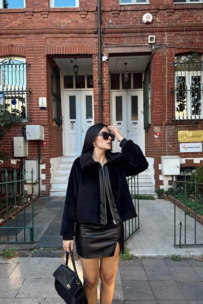 lizge giyim ÖN FERMUARLI DERİ DETAYLI KÜEK CEKET