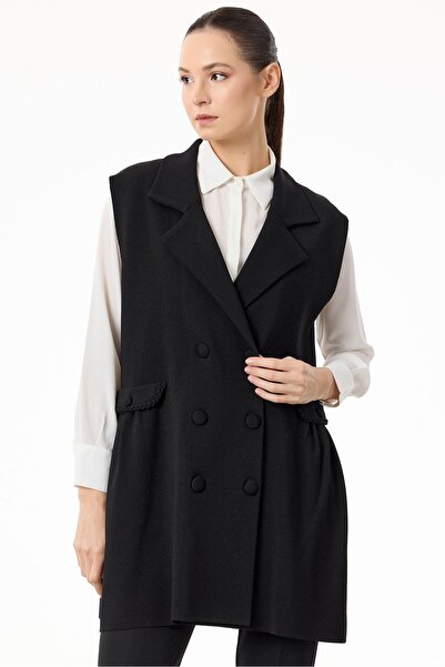 Tığ Triko Yanları Büzgülü Rayon Yelek SİYAH