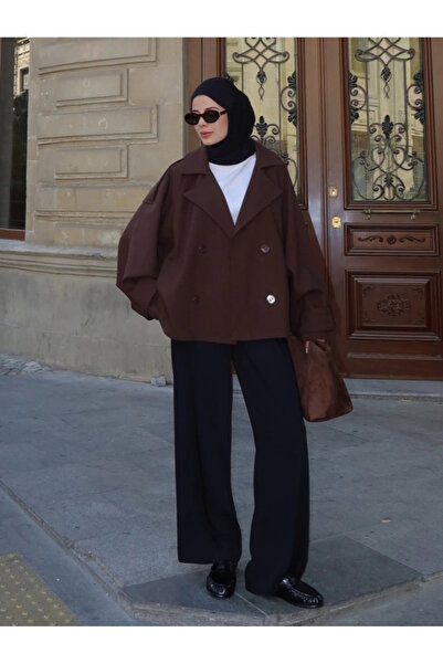 My Blog Kahverengi Kruvaze Kısa Trenç - 7537