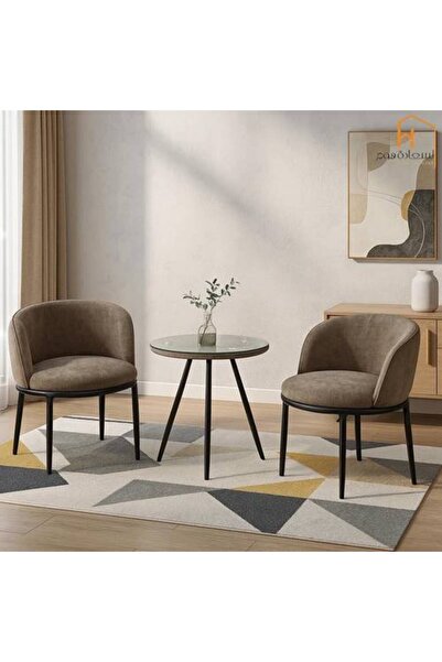 Al Saada Home Featured Tea Table Set - 2 Fabric Chairs - Brown