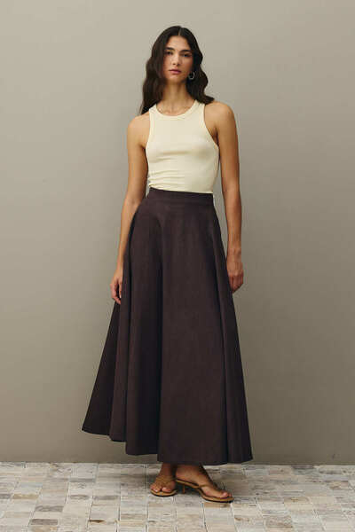 Fahhar Piece Cut Denim Skirt Brown