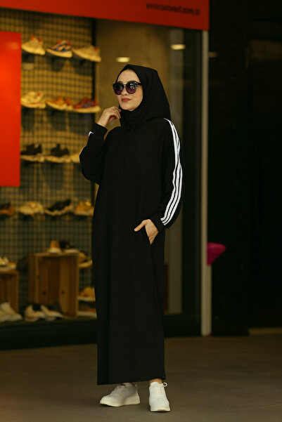 Gül İki İplik Kumaş Kapüşonlu Uzun Sweatshirt Elbise –Rahat Spor Şıklık - - B...