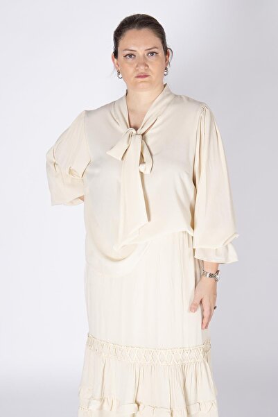 Bedrinxxl Kadın Büyük Beden Bağlama Detaylı Şifon Görünümlü Şık Abiye Bluz