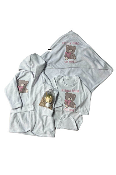 Botez Set pentru prima baita – ursulet roz prosop, body, halat si saculet cu ...
