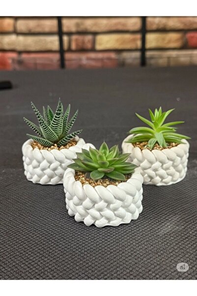 MİREVA 3'lü Örgü Desenli Mini Saksı Seti – Modern Dekoratif Minimalist Skulent ve Kaktüs Saksı Seti