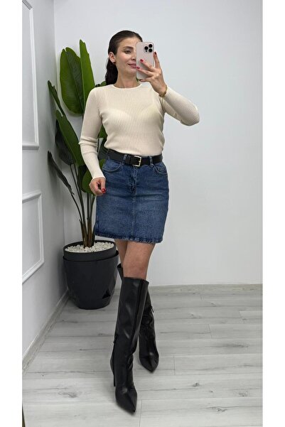 TUNAM BUTİK 4798 Threaded Glitter Detailed Knitwear Blouse Cream