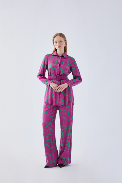 IDYL Belted Patterned Shirt Set