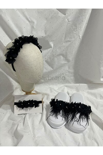 SavBrand طقم أمومة مكون من 3 قطع - نعال ليزر مزينة بالأحجار والريش + تاج + با...