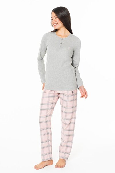U.S. Polo Assn. Kadın Alt Ekoseli Düğmeli Yakalı Pijama Takıkm