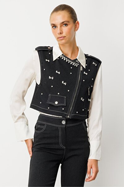 Moda İlgi Modailgi Beyoğlu Taşlı Fermuar Detaylı Crop Yelek - 47001 Siyah