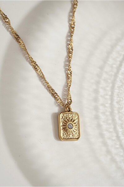 AŞIK ACCESSORIES Çelik Vintage Güneş Motifli Plaka Kolye