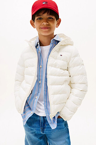 Tommy Hilfiger Unisex Çocuk Normal Kalıp Kapüşonlu Ultra Hafif Şişme Mont - Krem