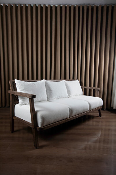 Aberteka Merlin Hazeranlı Doğal Ahşap Koyu Ceviz Renk, Beyaz Teddy Kumaş Üçlü Koltuk