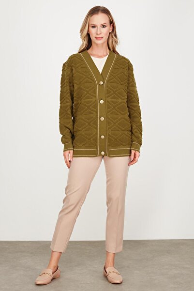 Tığ Triko Havlu Örgü Detaylı Düğmeli Triko Hırka OLİVE