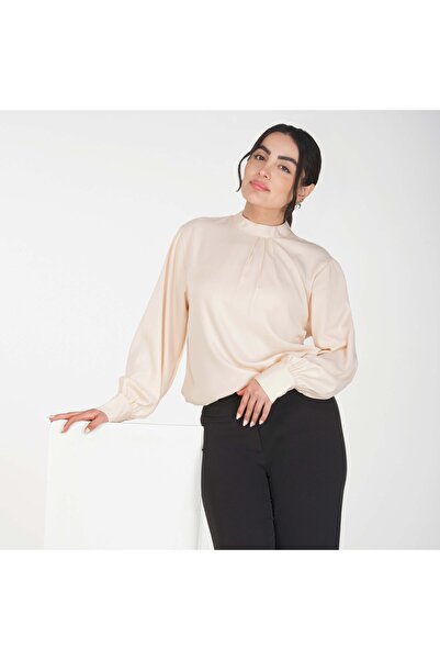 LINELLE قميص نسائي من الكريب الناعم - رقبة عالية وأكمام طويلة، متوفر بثلاثة أ...