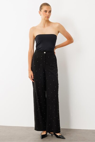 Moda İlgi Modailgi Yüksel Bel Yandan Cepli İnci Detaylı Plazzo Pantolon - 15041 Siyah