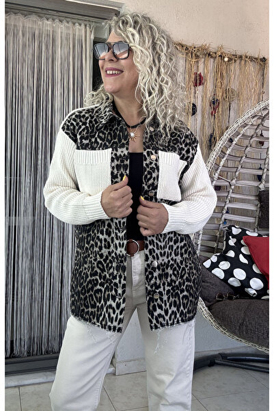 Dila Butik Leopar Gabardin Detay Triko Ceket