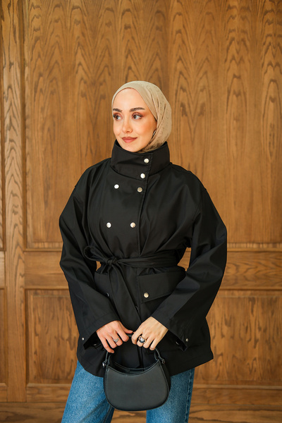 LOCCO Kadın Deri Görünümlü Kısa Trenç Siyah