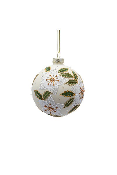 BraziPremium Christmas tree globe with flowers and leaves, 8 cm, white